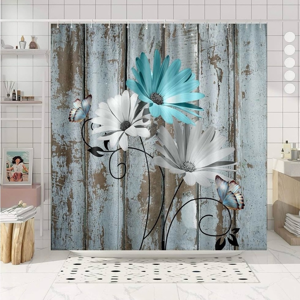 B2- 17 - Rustic Floral Shower Curtain with Butterflies. Teal Blue Daisy.